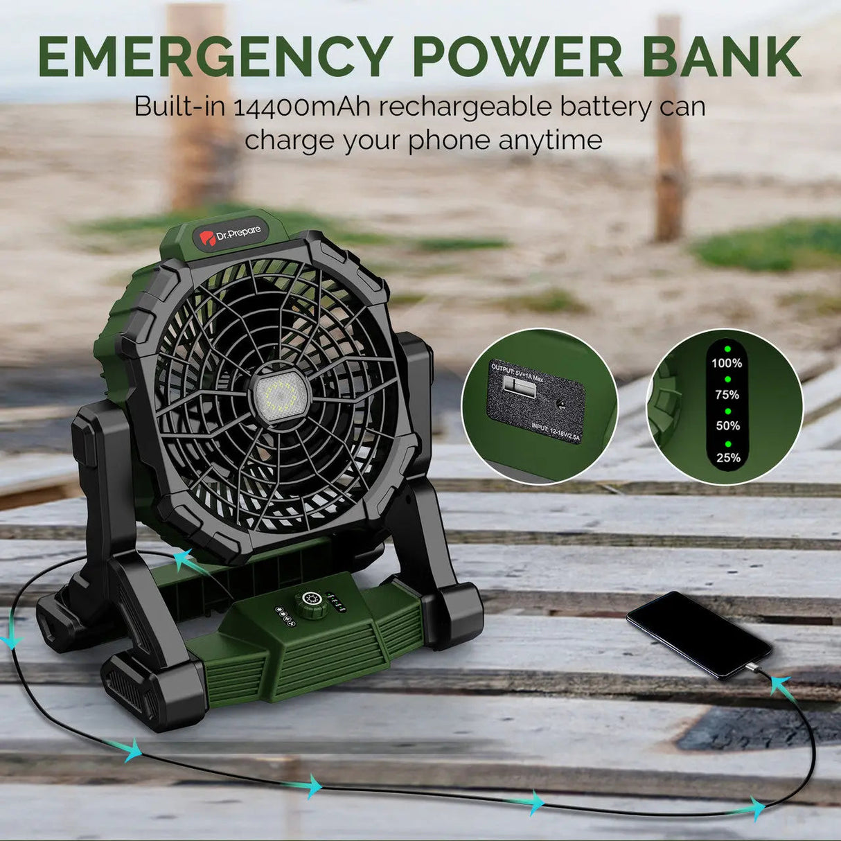 Dr.Prepare X35 Portable Camping Fan with LED Light