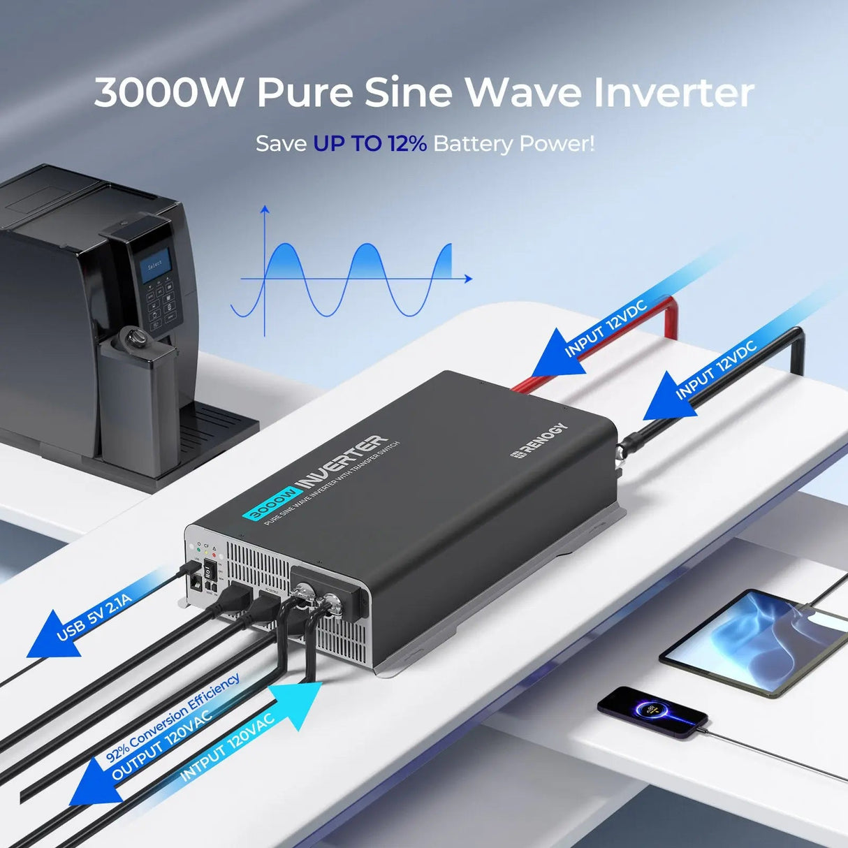 PUH 12V 3000W/2000W/1000W Pure Sine Wave Inverter with UPS Transfer Switch and Built-in Bluetooth